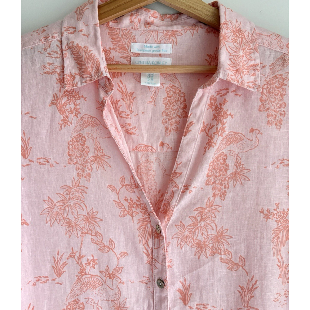 Cynthia Rowley Boxy Linen V-neck Button Up Top Peach Pink Toile Floral Size 1X - Picture 2 of 11